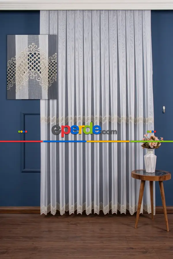 Ekru-altın Nakış İşlemeli Tül Perde