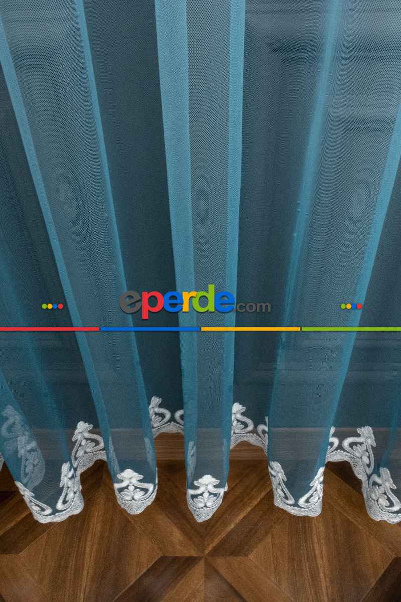 Turkuaz Etek Nakışlı Renk Geçişli Degrade Tasarım Tül Perde