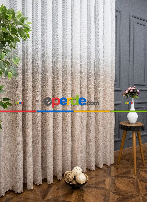 Yatak Odası - Modern Bej Rengi Degrade Geçişli Tül - Örme Dantel Tül