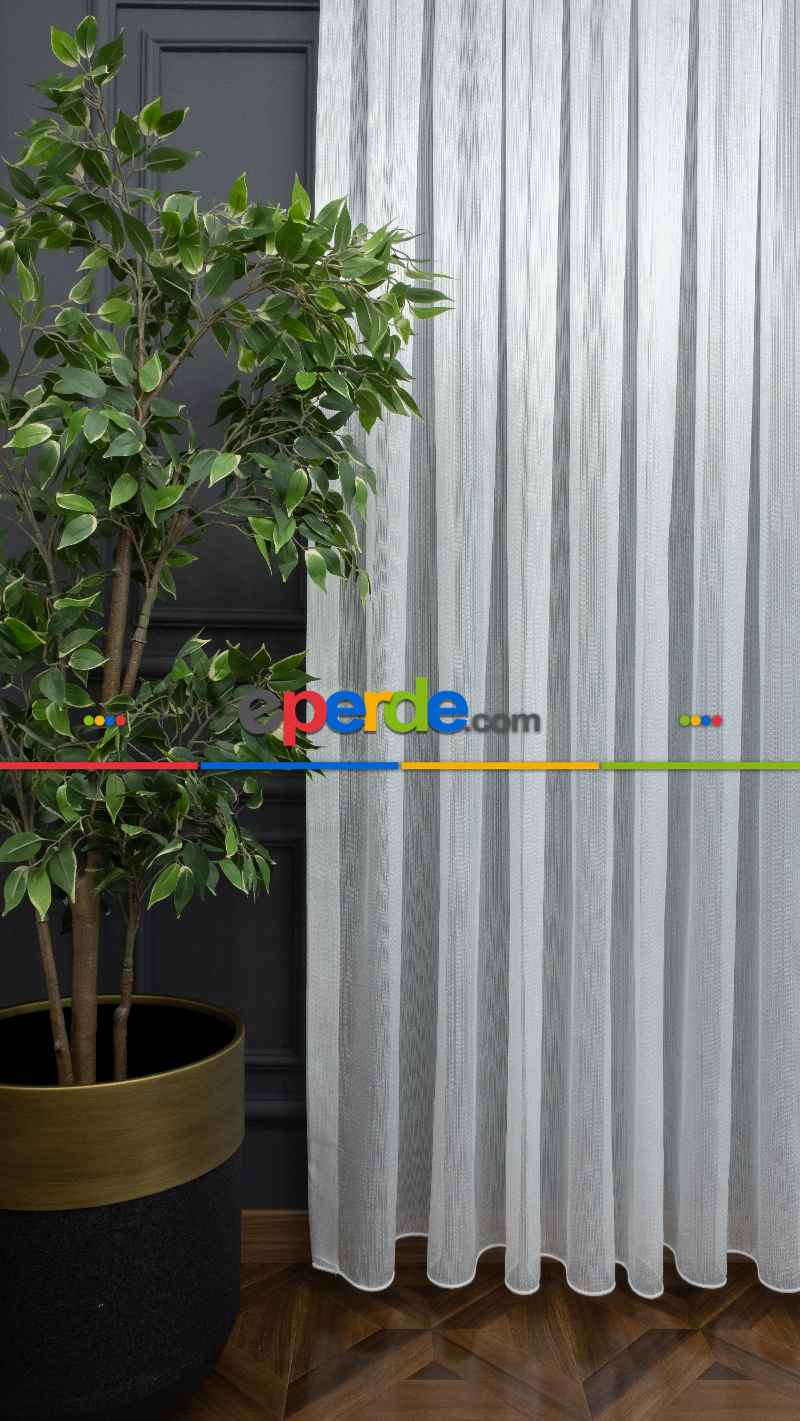 Çizgili Düz Tül Perde Ütü İstemez- Ekru - Kurşunlu Tül