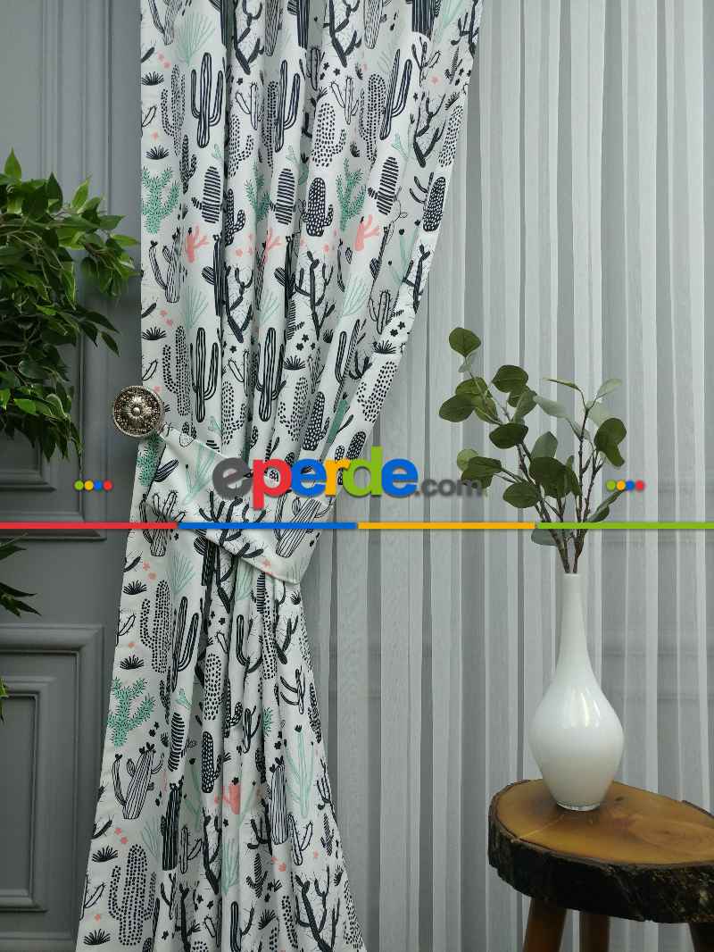 Kaktüs Desenli Fon Perde Evm694 Kumaşı Kalındır Duck Bezi Değildir- Siyah-Beyaz