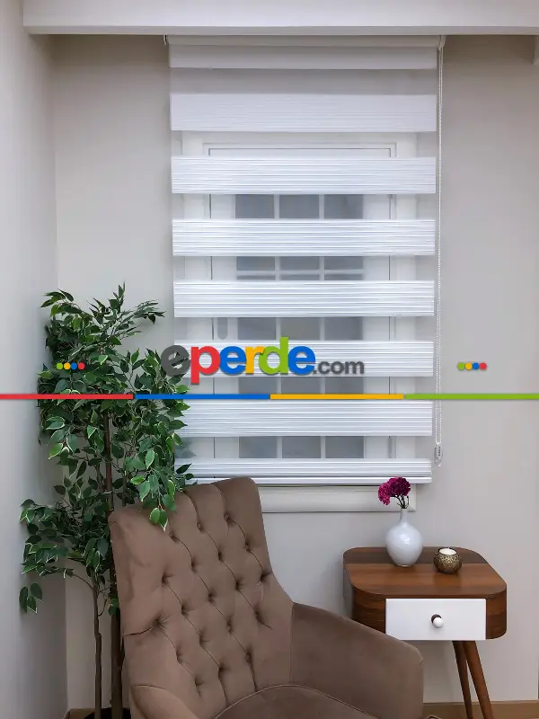 Salon Zebra Perde - Yüksek Kalite Plise Zebra Perde - Beyaz Renk- Beyaz