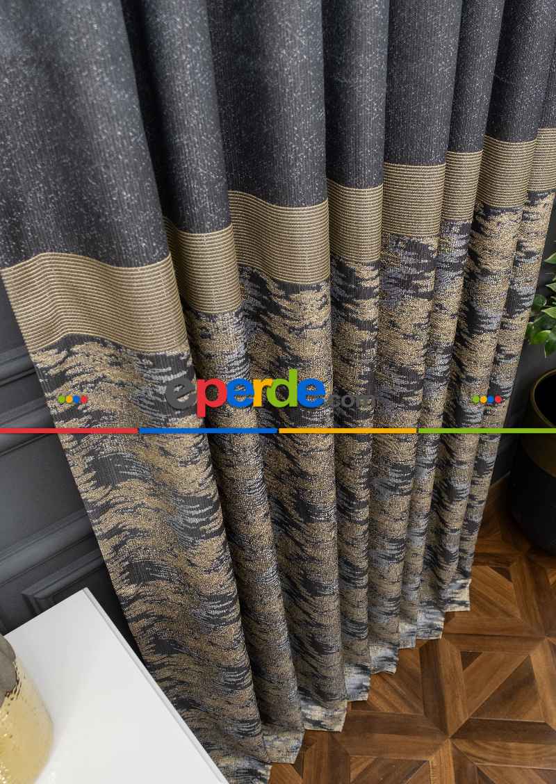 Antrasit Bejli Jakar Etek Pano Dökümlü Gramajlı Uygun Fiat Fon Perde (180)- Antrasit Bej