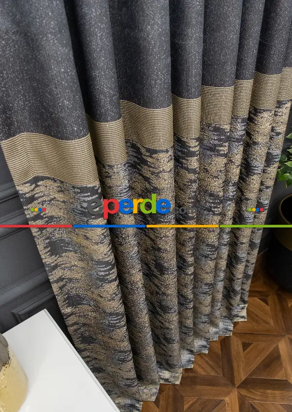 Yatak Odası - Antrasit Bejli Jakar Etek Pano Dökümlü Gramajlı Uygun Fiat Fon Perde (180)- Antrasit Bej