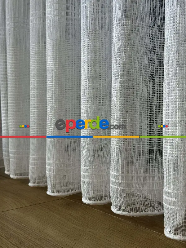 Yatak Odası Ekru Zincir Çizgili Desen Tül Perde - Yüksek Kalite Kurşunlu Tül