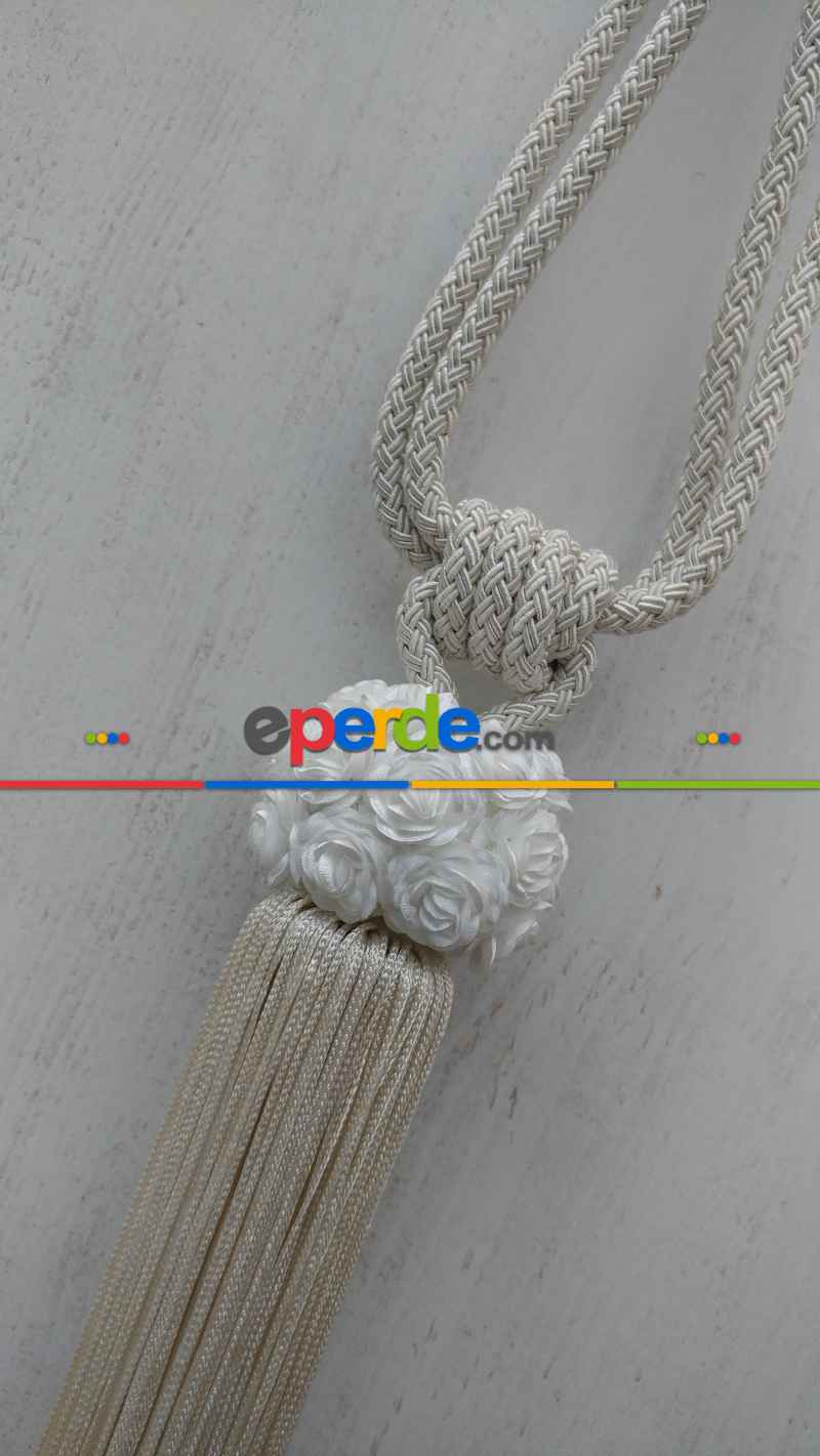 Gül Desen Braçol Perde Bağı- Ekru