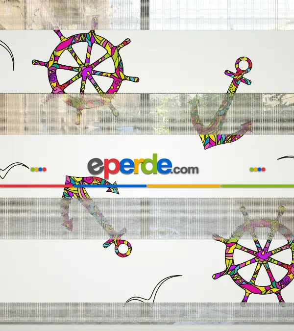 Bebek Odası Zebra Perde - Çapa Ve Dümen Desen Baskılı Zebra Perde- Çok Renkli