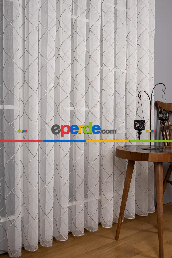 Salon Tül - Geometi Nakış Işlemeli Tül Perde Ekru - Gümüş Simli