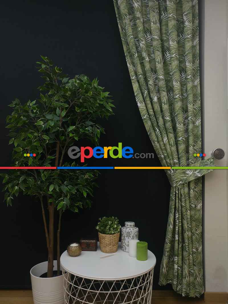 Tropikal Yaprak Desenli Fon Perde(leke Tutmaz)- Yeşil-beyaz