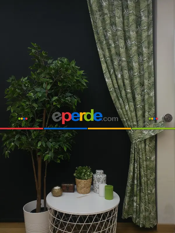 Salon Fon Perde - Tropikal Yaprak Desenli Fon Perde(leke Tutmaz)- Yeşil