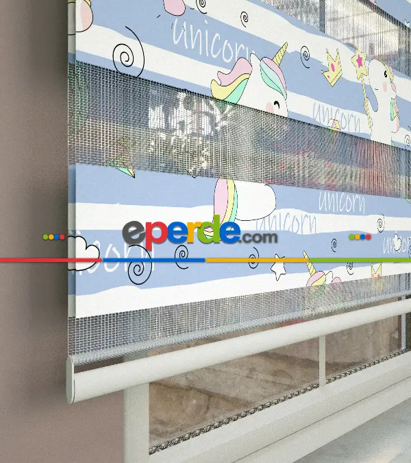 Unicorn Desenli Baskılı Zebra Perde- Çok Renkli