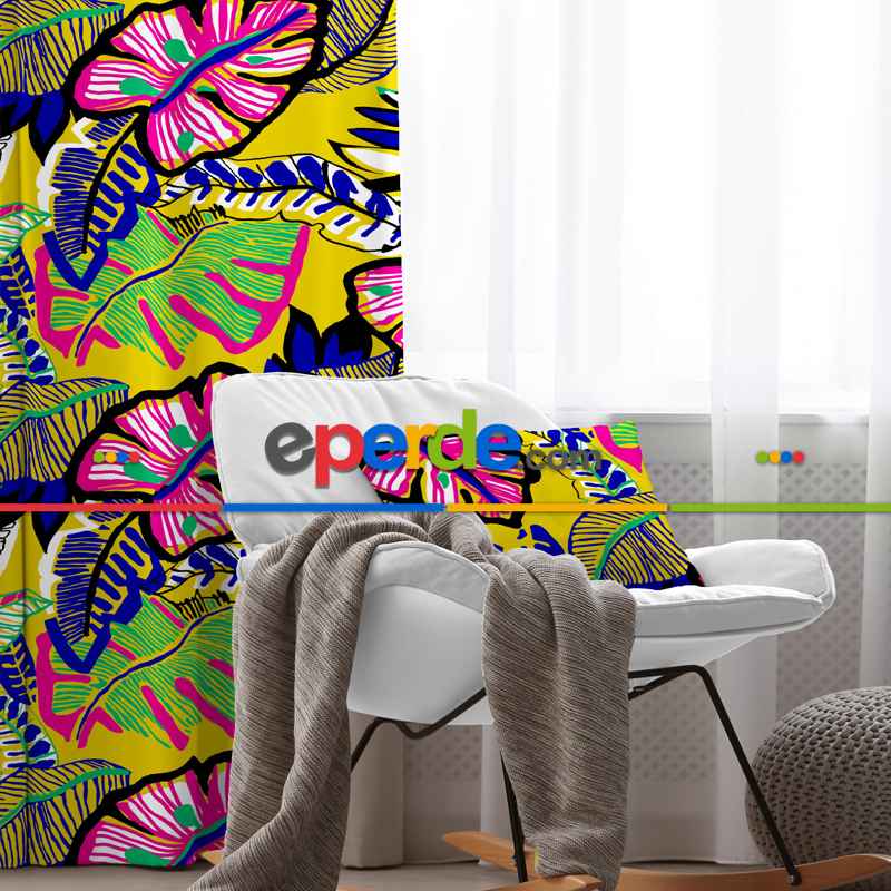 Tropikal Fon Perde Evim1555 Kumaşı Kalındır Duck Bezi Değildir- Mavi-beyaz