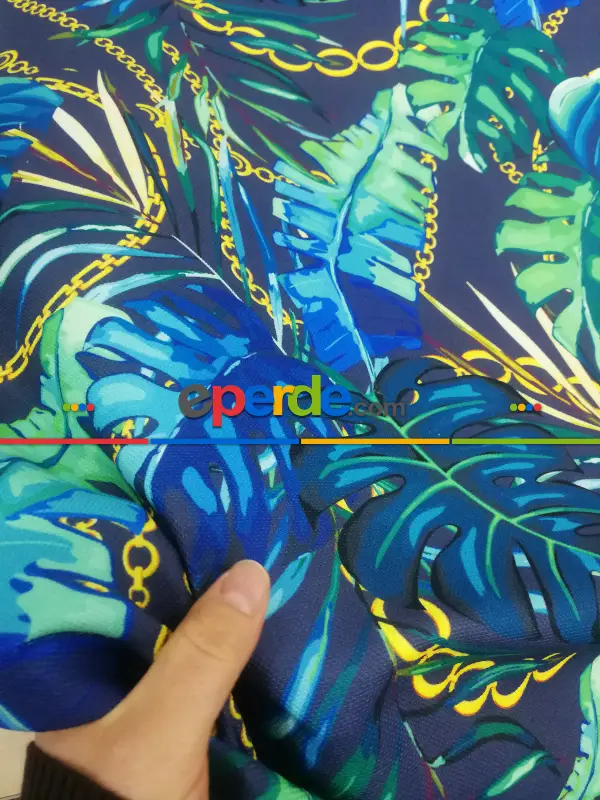 Salon Fon - Tropikal Yaprak Desenli Fon Perde Evm1008-2 Kumaşı Kalındır Duck Bezi Değildir- Yeşil-Sarı-Yeşil Koyu Yeşil-Fıstık Yeşili 