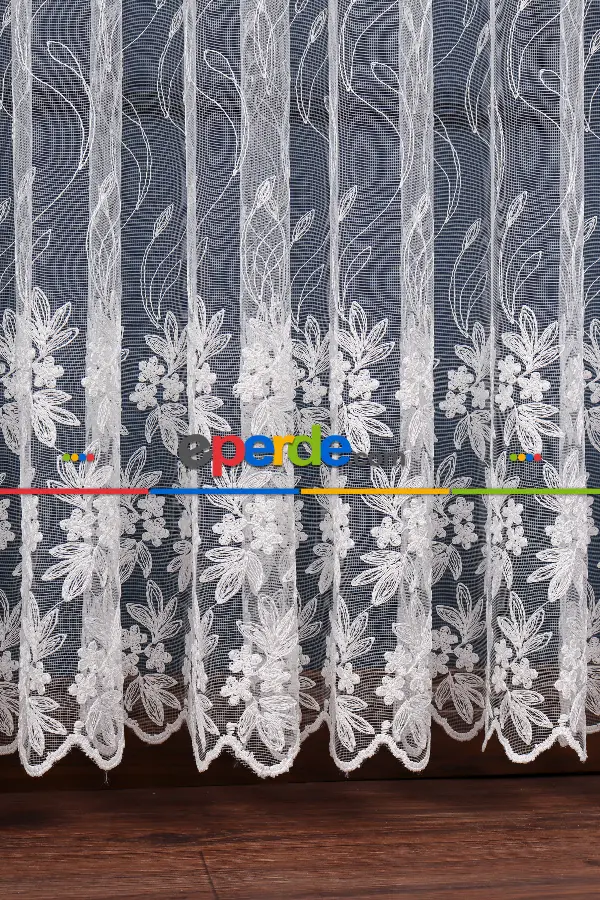 Salon Tül Perde - Çiçek Desen Brode Işlemeli Tül Perde