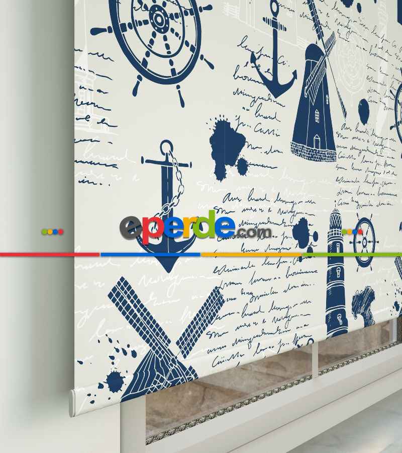 Deniz Feneri Baskılı Stor Perde- Mavi-beyaz