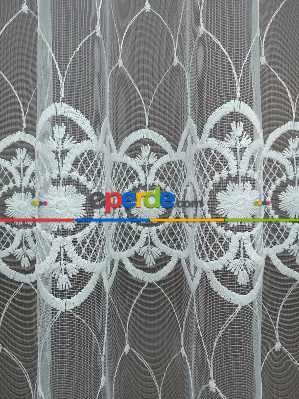 Brode İşlemeli Nakışlı Tül Perde (280)- Ekru