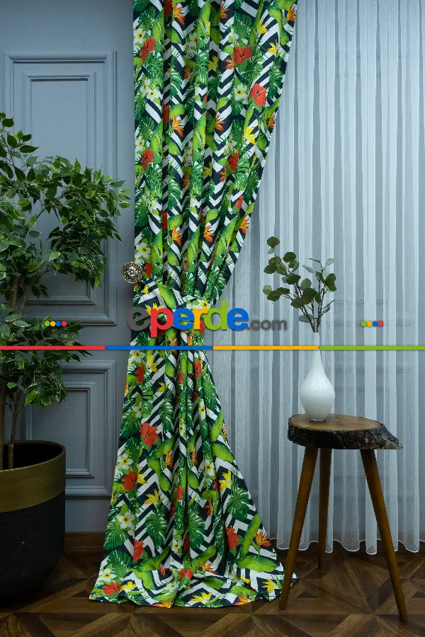 Tropikal Desenli Fon Perde K520 T - Kumaşı Kalındır Duck Bezi Değildir.- Yeşil-Çok Renkli