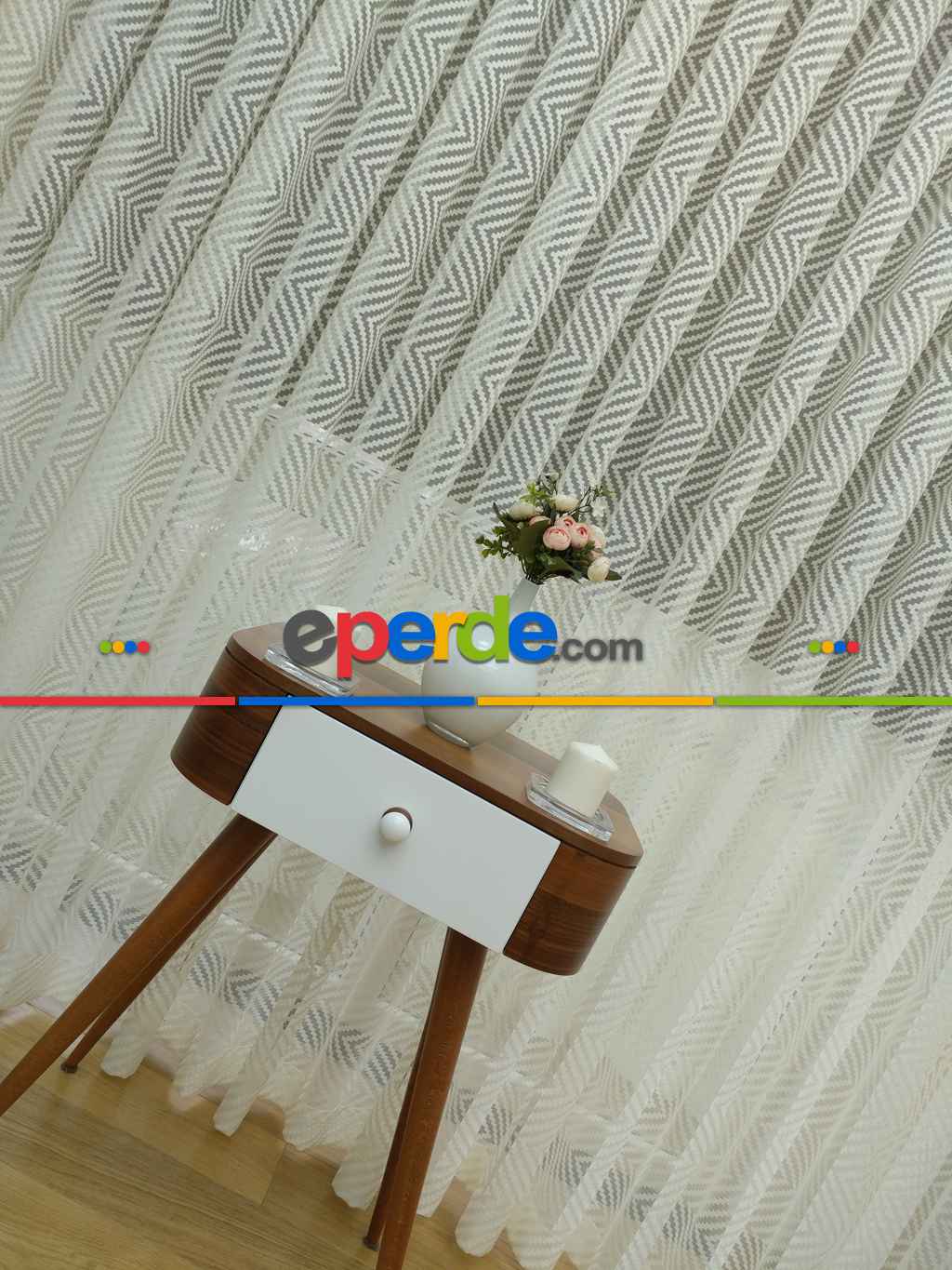 Geometrik Desenli Tül Perde Etek Katlamalı- Ekru