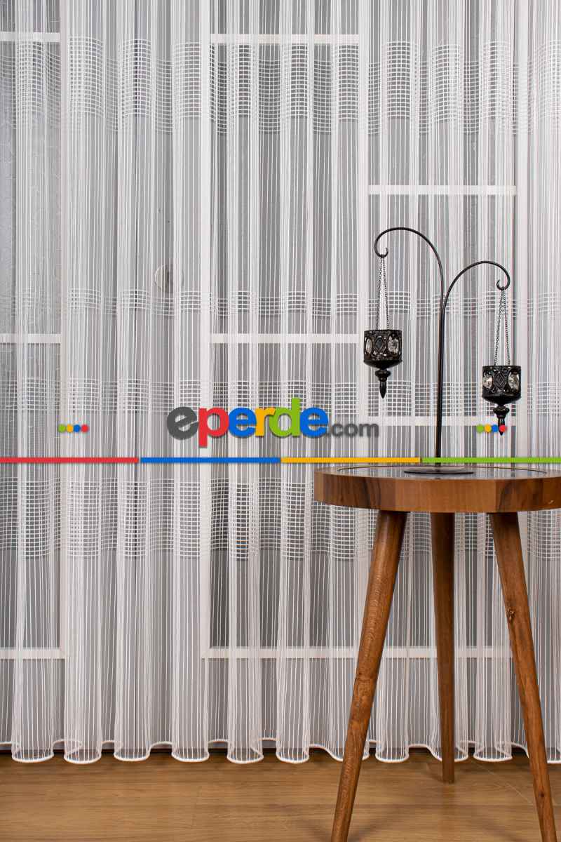 Mutfak - Zincir Çizgili Tül Perde - Ekru