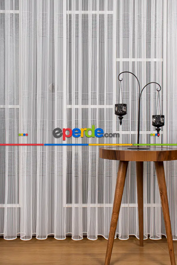 Zincir Çizgili Tül Perde - Ekru - Kurşunlu Tül