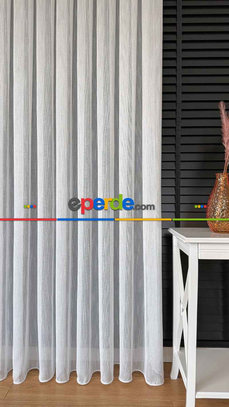 Mutfak Beyaz Keten Gümüş Simli Tül Perde - Ağır Gramajlı Premium