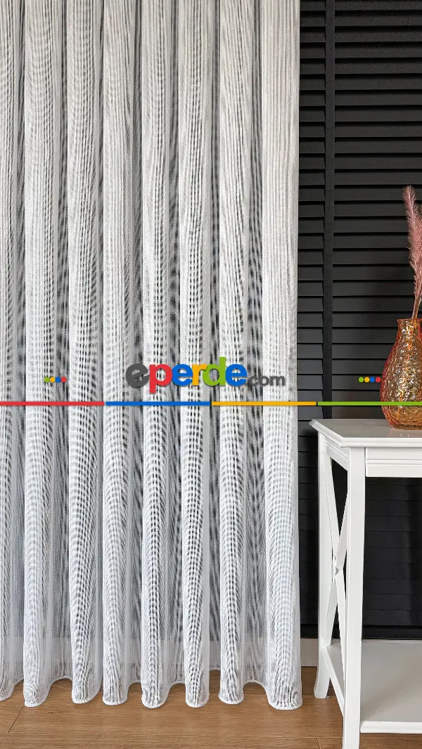 Salon - Beyaz Keten Gümüş Simli Tül Perde - Ağır Gramajlı Premium
