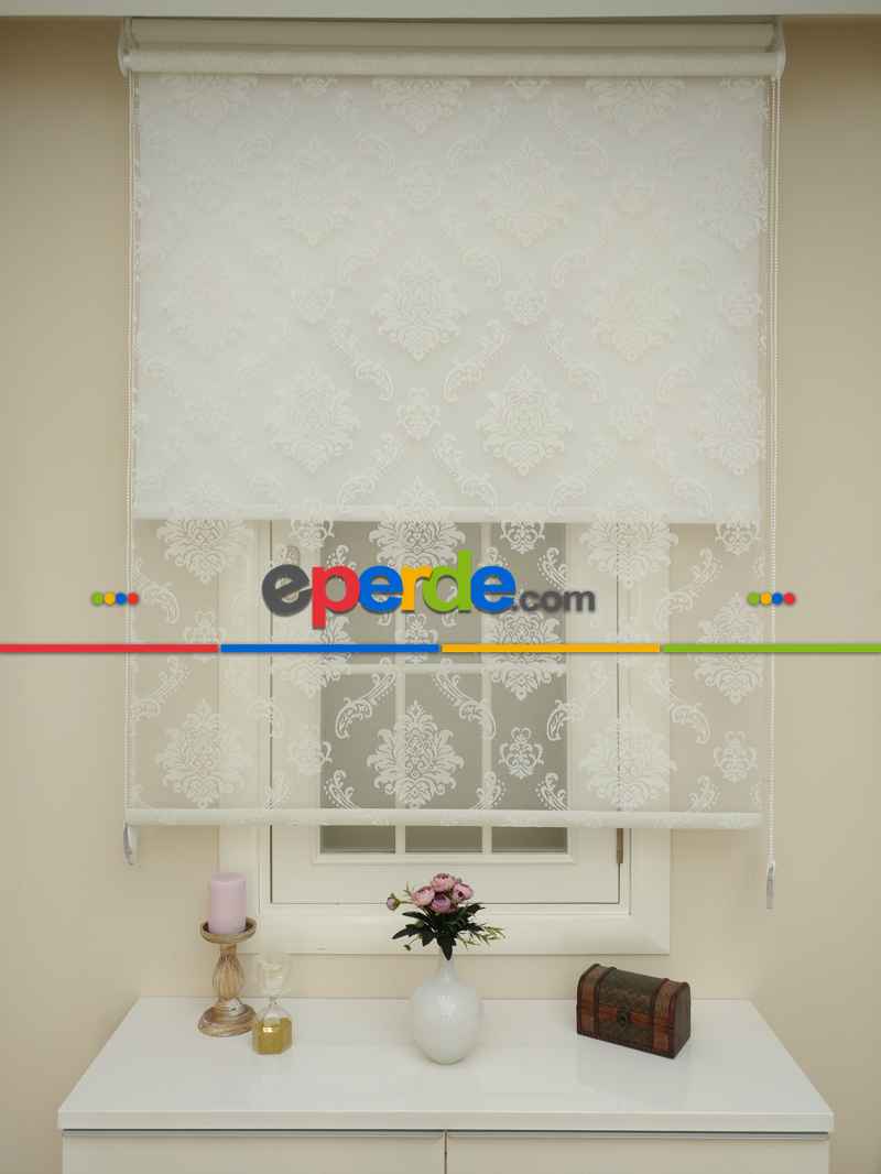 Yatak Odası - Jakar Örme Tül- Ekru Çiftli Sistem Dantel Desenli Perde- Ekru