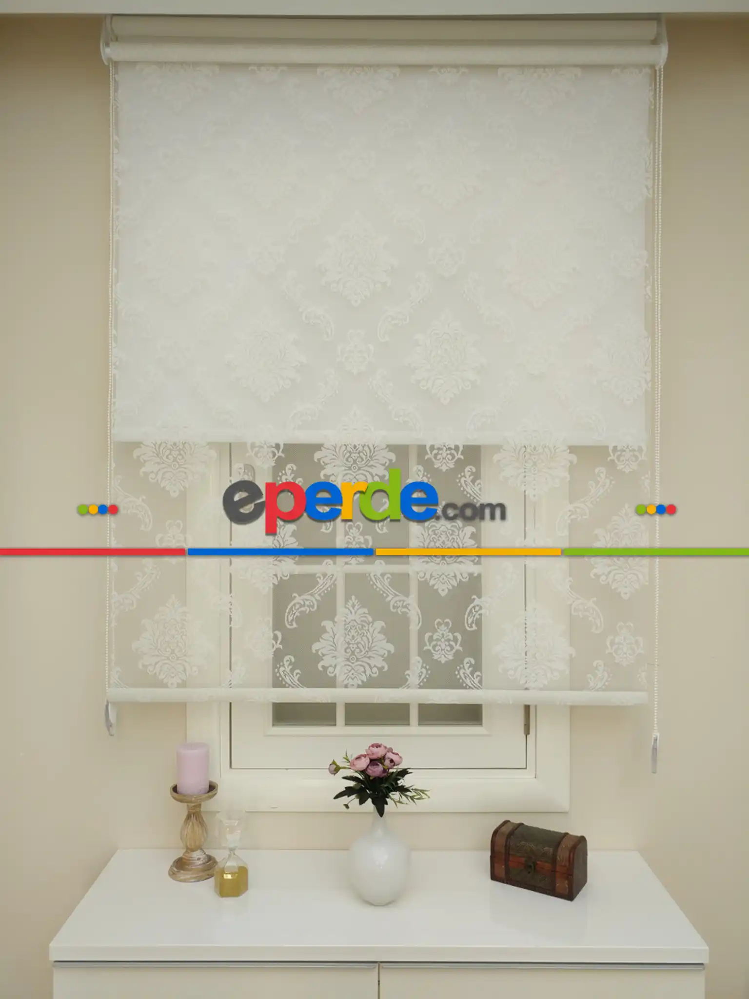 Jakar Örme Tül- Ekru Çiftli Sistem Dantel Desenli Perde- Ekru