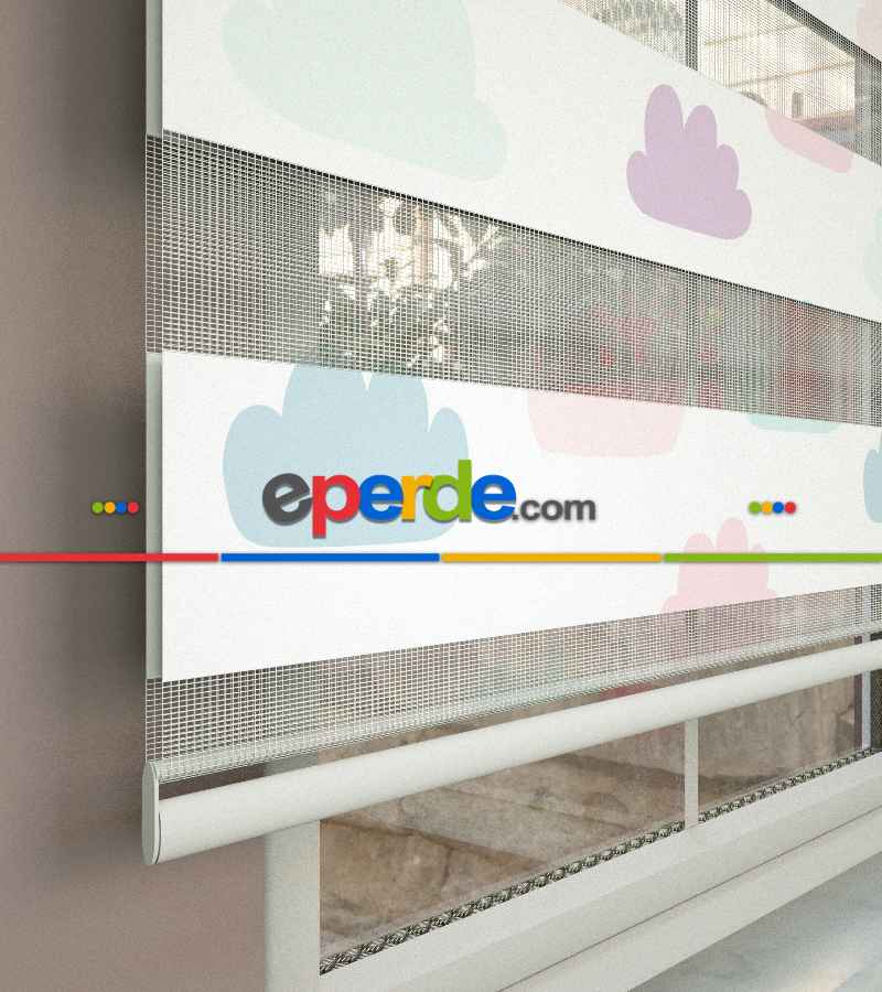 Bulut Desenli Baskılı Zebra Perde- Çok Renkli