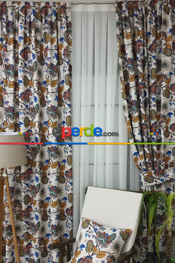 Yatak Odası - Kahve Çiçek Desenli Fon Perde Evm596 Kumaşı Kalındır Duck Bezi Değildir- Lacivert-Mavi-Kahverengi-Sarı-Beyaz-Bordo