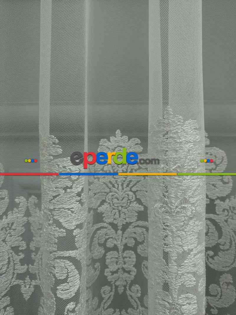 Salon Tül Perde - Eteği Duble Nakış İşlemeli Tül Perde Ikon 2021- Krem