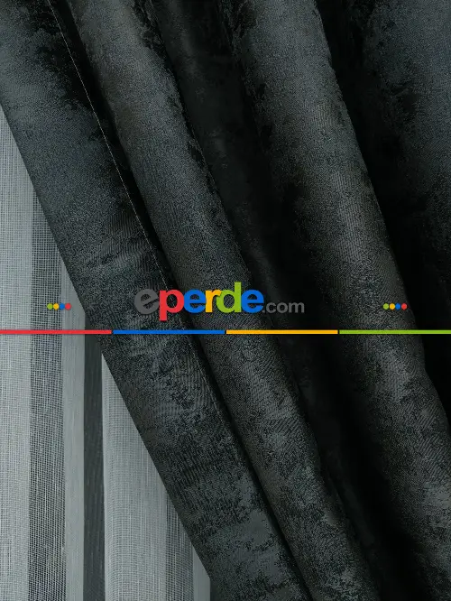 Antrasit Füme Renk Jakar Desenli Fon Perde- Antrasit