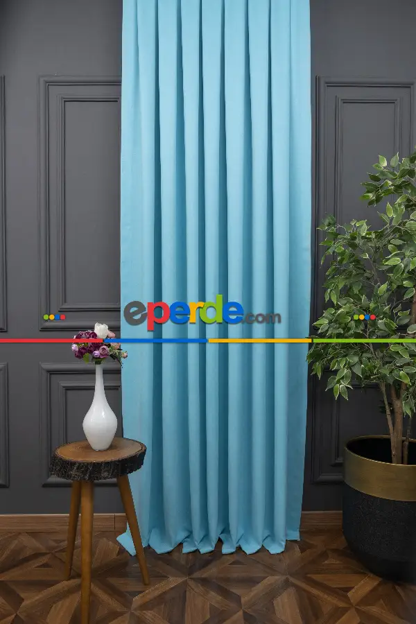 Salon - Turkuaz Rengi Düz Fon Perde En  Dökümlü Fon Perde 07