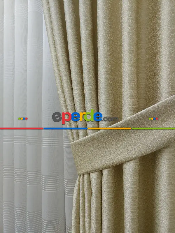 Krem Desenli Jakar Fon Perde- Krem