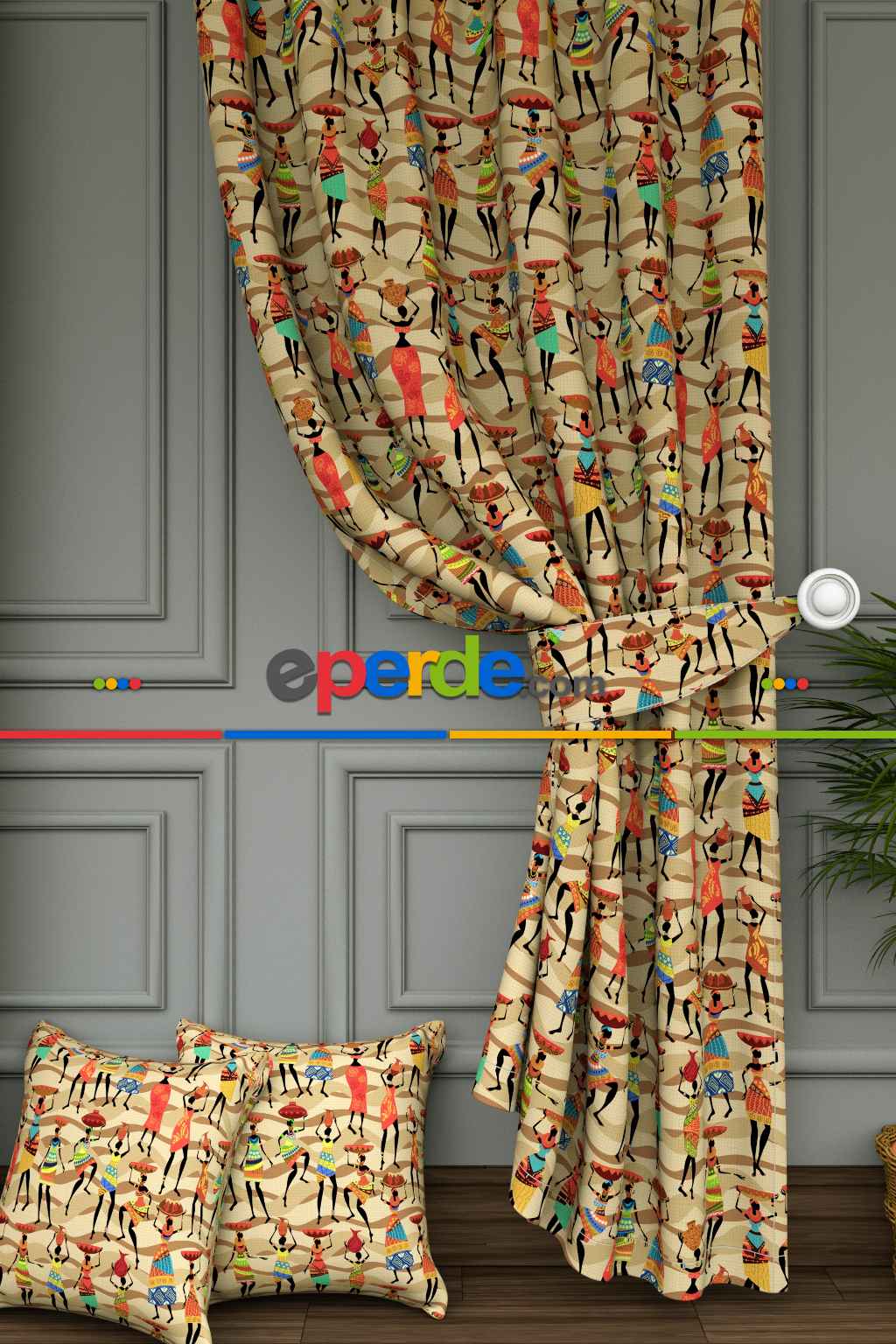 Dökümlü Kumaştan Afrikalı Kadın Figürlü Etnik Desenli Baskılı Fon Perde