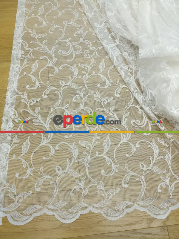 ( Orjinal ) Sarmaşık Desenli Fransız Dantel Tül Perde- Ekru