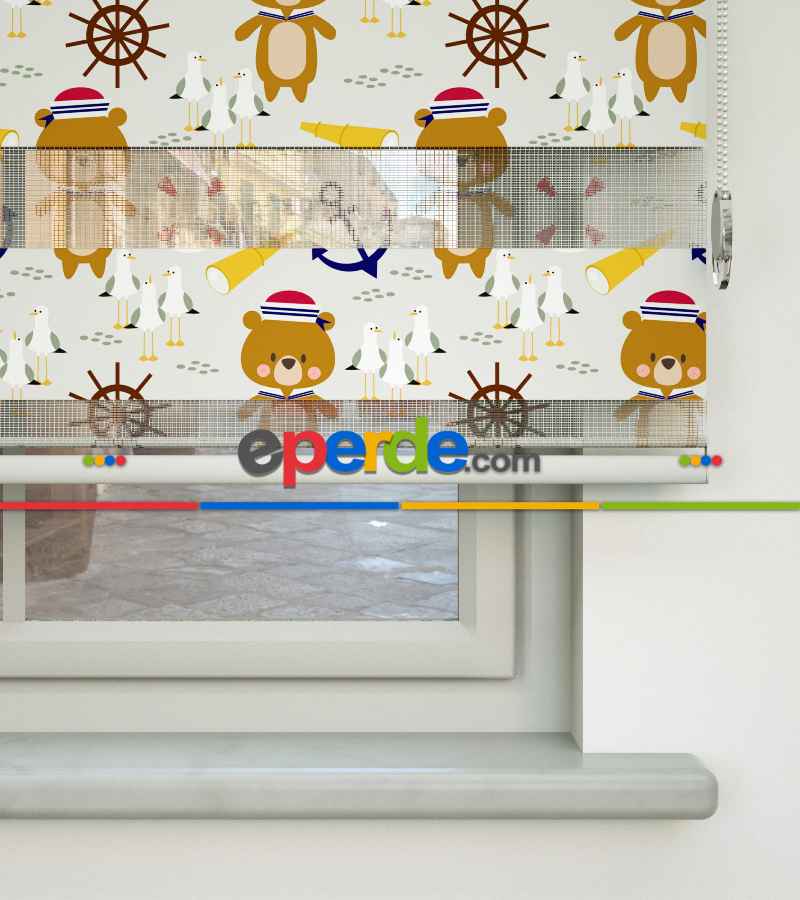 Denizci Ayıcık Desen Baskılı Zebra Perde- Çok Renkli