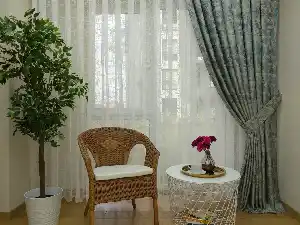 Salon Perdesi - Gri Yeşil Desenli Jakar Fon Perde (180)- Antrasit