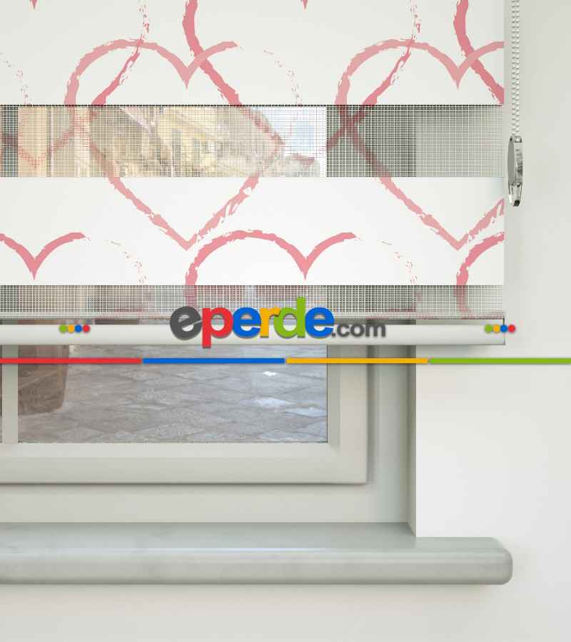 Kalp Desenli Baskılı Zebra Perde- Çok Renkli