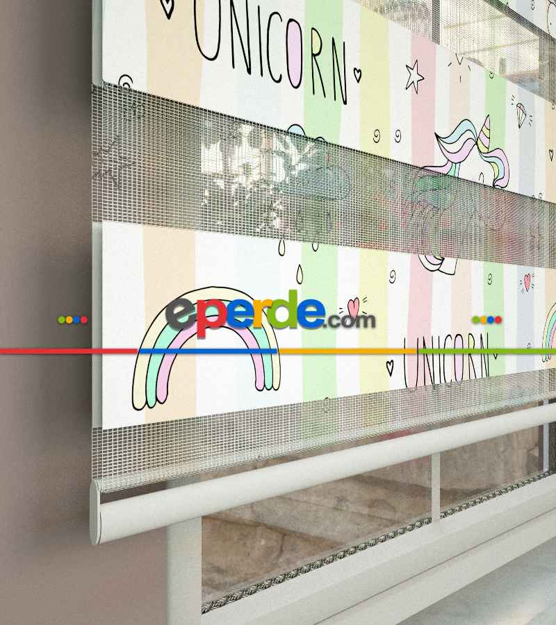 Unicorn Desenli Baskılı Zebra Perde- Çok Renkli