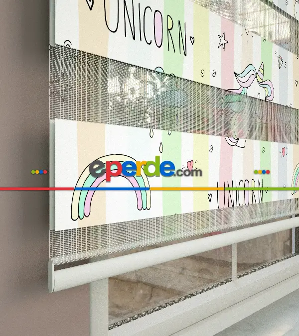 Unicorn Desenli Baskılı Zebra Perde- Çok Renkli