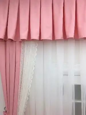 Fonlu Farbalı Tam Takım Perde - Tül Perdesi Hediyedir- Pembe-Ekru