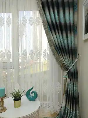 Renk Geçişli Jakar Damask Desenli Salon Fon Perdesi - Lacivert - Mavi - Bej ( Kendinden Saçaklı)- Bej-füme-turkuaz