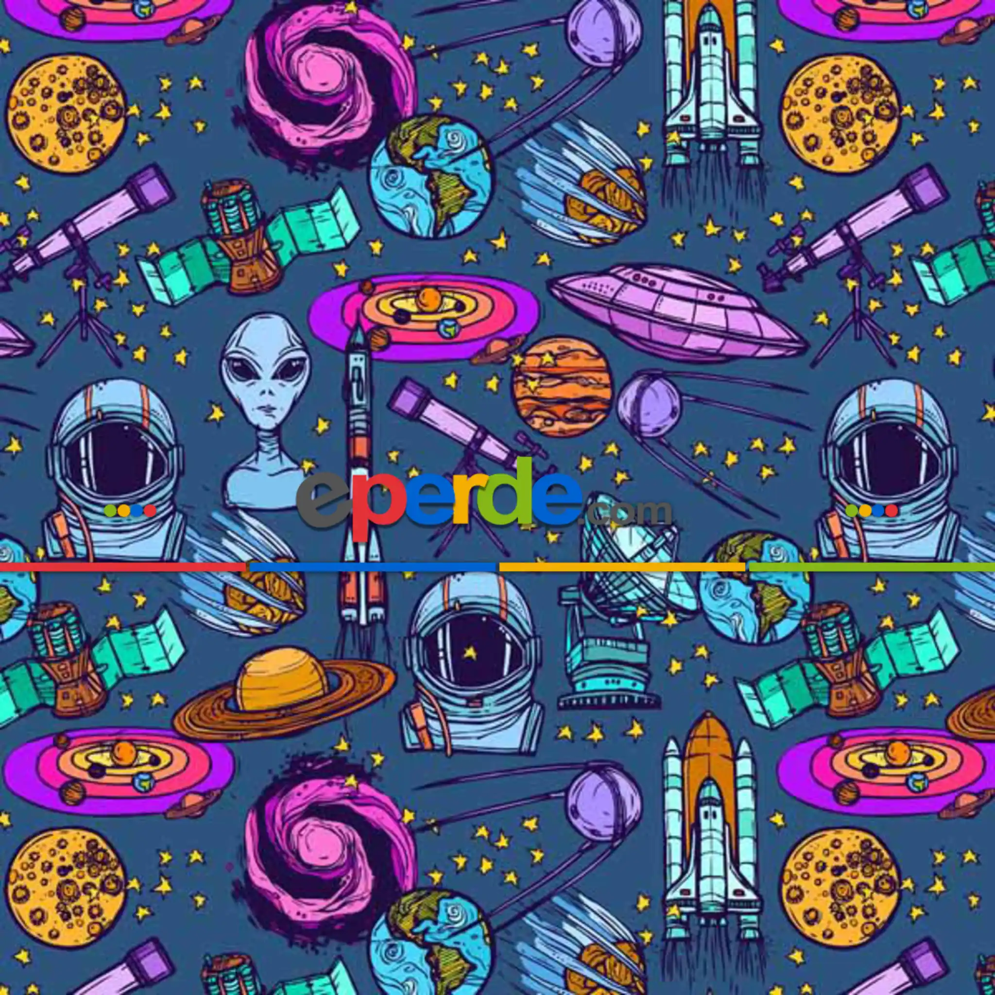 Uzay Desenli Fon Perde K734 Kumaşı Kalındır Duck Bezi Değildir.- Mavi-Sarı-Pembe-Mor