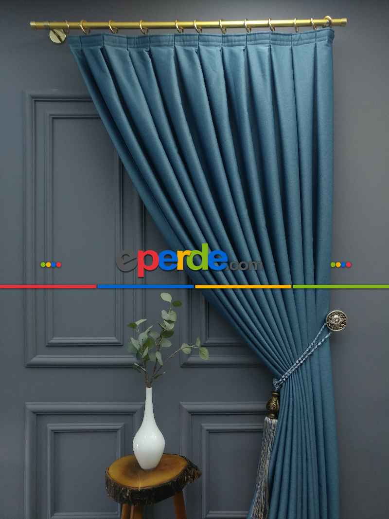 Saon Perdesi - Modern Keten Görünümlü Işık Geçirmez Karatma Fon Perde 2021 Ikon- Mavi Koyu