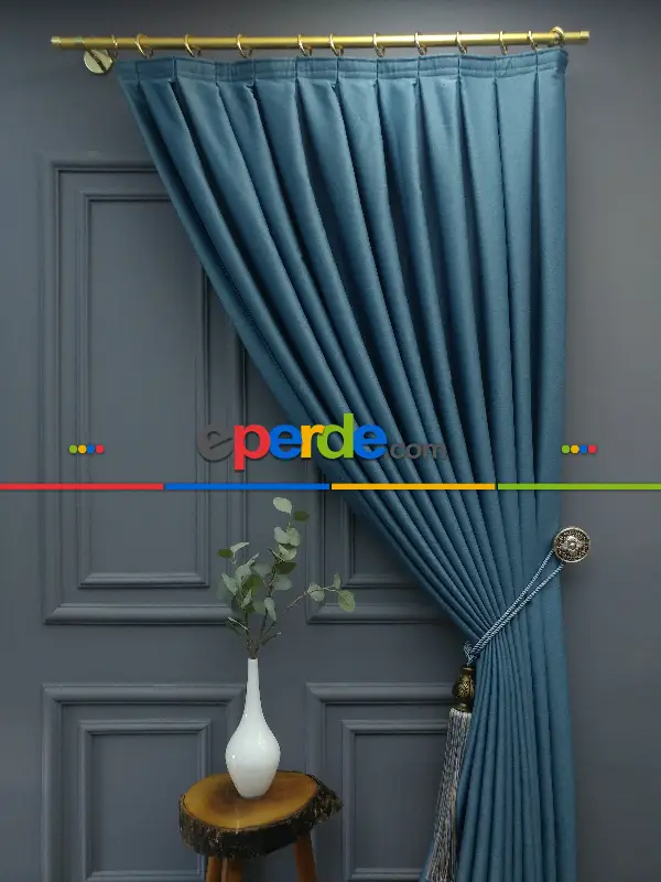 Yatak Odası - Modern Keten Görünümlü Işık Geçirmez Karatma Fon Perde 2021 Ikon- Mavi Koyu-turkuaz