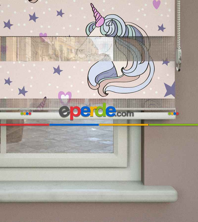Unicorn Desenli Baskılı Zebra Perde- Çok Renkli