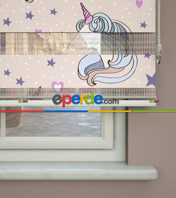 Unicorn Desenli Baskılı Zebra Perde- Çok Renkli