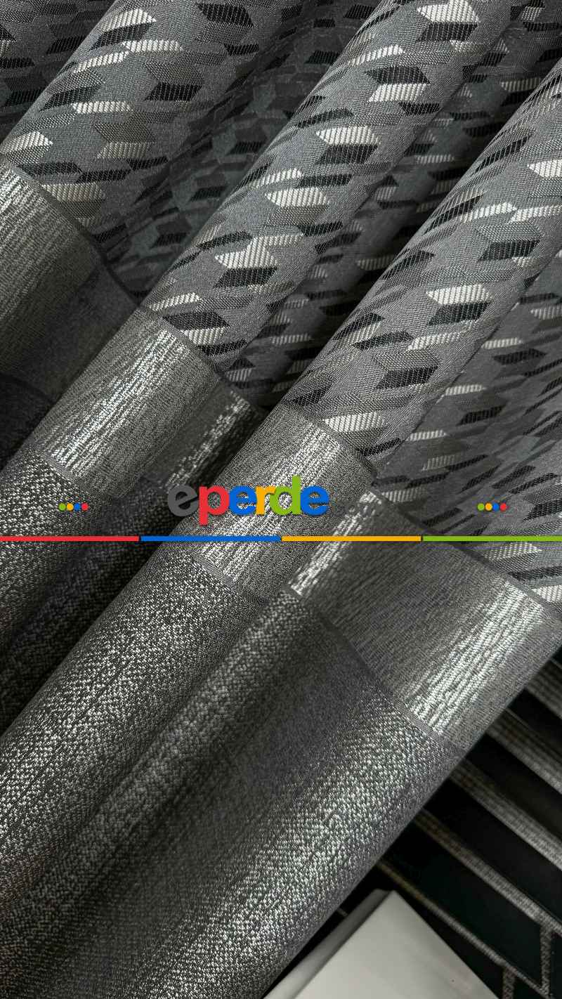 Gri Gümüş Fon Perde, Kazayağı Desenli Jakar Dokuma Pano Model