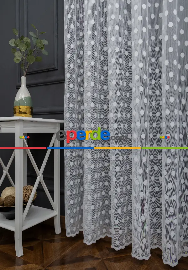 Bebek Odası Tül Perde - Puantiyeli Tül Noktalı Daire Desen Tül Perde